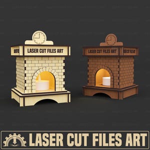 Puede incluir: Dos candelabros de madera con forma de chimenea. Uno es de color claro, el otro es marrón. Cada uno tiene un reloj en la parte superior y el texto "LASER CUT FILES ART". Los candelabros tienen una abertura arqueada para una vela.
