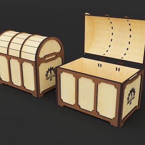 May include: Two wooden treasure chests, one closed and one open, with a light wood finish and dark brown trim. The open chest reveals the interior. Each chest has a logo on the side that reads "LASER CUT FILE ART".