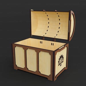 May include: Wooden chest with an open lid, featuring a light wood interior and a darker wood frame. The chest has a rectangular body with decorative panels and a curved lid. The text "LASER CUT FILES ART" is visible on the side.
