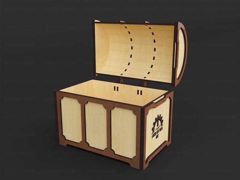 May include: Wooden chest with an open lid, featuring a light wood interior and a darker wood frame. The chest has a rectangular body with decorative panels and a curved lid. The text "LASER CUT FILES ART" is visible on the side.