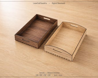 May include: Two rectangular wooden trays with cutout handles and finger-jointed corners. One tray is dark brown, and the other is light tan. Text at the top reads LaserCutFilesArts Digital Download, and at the bottom, Formats DXF PDF SVG 3mm 4mm.
