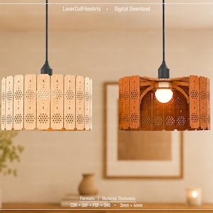 May include: Two cylindrical pendant lampshades made of laser-cut wood, one light-toned and one dark-toned, featuring intricate floral patterns. Each shade hangs from a black cord and socket with a visible light bulb. Text includes LaserCutFilesArts, Digital Download, Formats, CDR, DXF, PDF, SVG, and Material Thickness 3mm, 4mm.