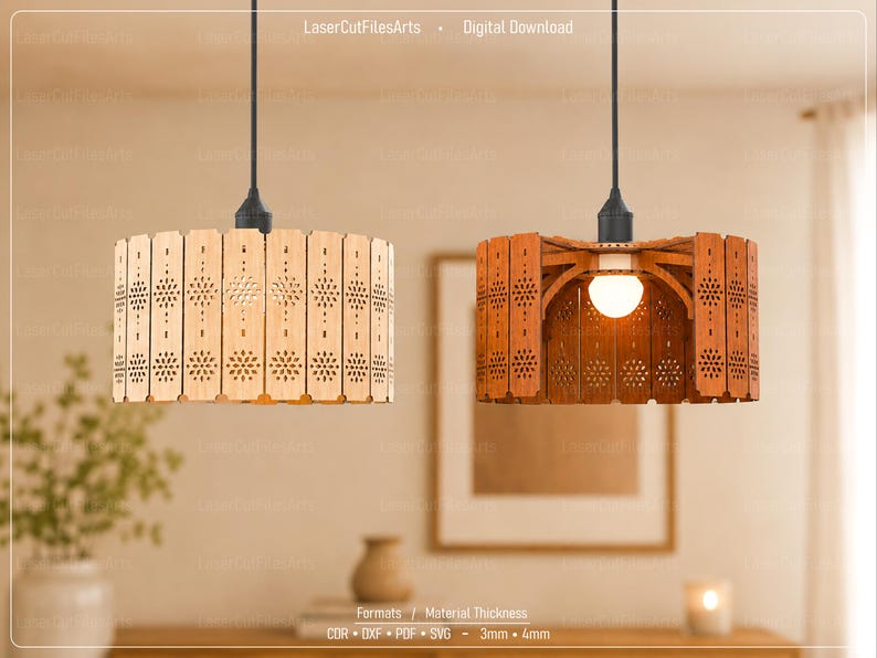 May include: Two cylindrical pendant lampshades made of laser-cut wood, one light-toned and one dark-toned, featuring intricate floral patterns. Each shade hangs from a black cord and socket with a visible light bulb. Text includes LaserCutFilesArts, Digital Download, Formats, CDR, DXF, PDF, SVG, and Material Thickness 3mm, 4mm.