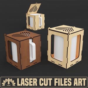 May include: Three laser cut wooden boxes designed to hold mugs. The boxes are made of light brown and dark brown wood. The boxes have a cutout design on the front and top. The boxes are empty and ready to be assembled.