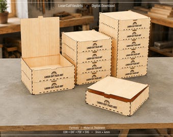 積み重ね可能な蓋付きボックスのレーザーカットファイル、積み重ね可能な収納ボックスのレーザーカット用Cdr、Dxf、Pdf、Svgファイル