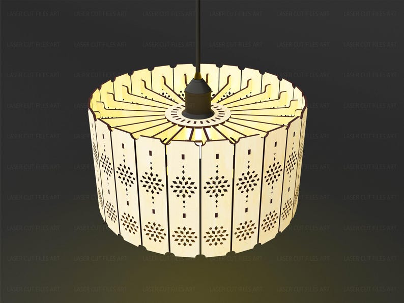 May include: A cylindrical pendant lamp shade constructed from light-colored wood panels. Each panel features a repeating laser-cut geometric star pattern. The shade is suspended by a central black cord and socket assembly, creating a light fixture.