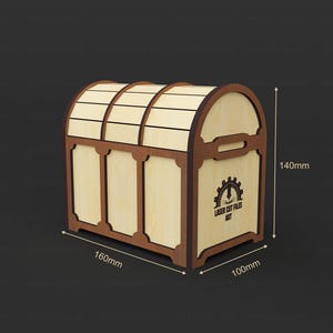 May include: Wooden chest with a curved top and a rectangular base. The chest is made of light-colored wood with dark brown trim. The dimensions are 160mm x 100mm x 140mm. The text "LASER CUT FILES ART" is printed on the side.