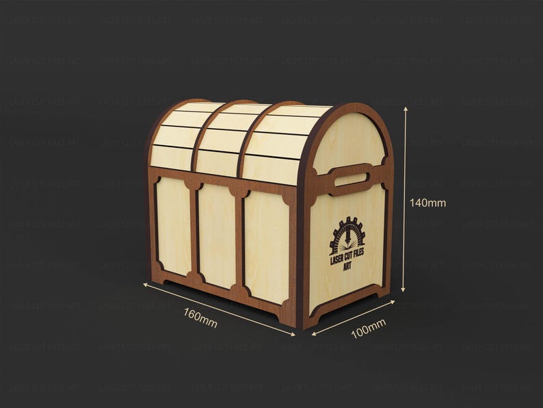 May include: Wooden chest with a curved top and a rectangular base. The chest is made of light-colored wood with dark brown trim. The dimensions are 160mm x 100mm x 140mm. The text "LASER CUT FILES ART" is printed on the side.