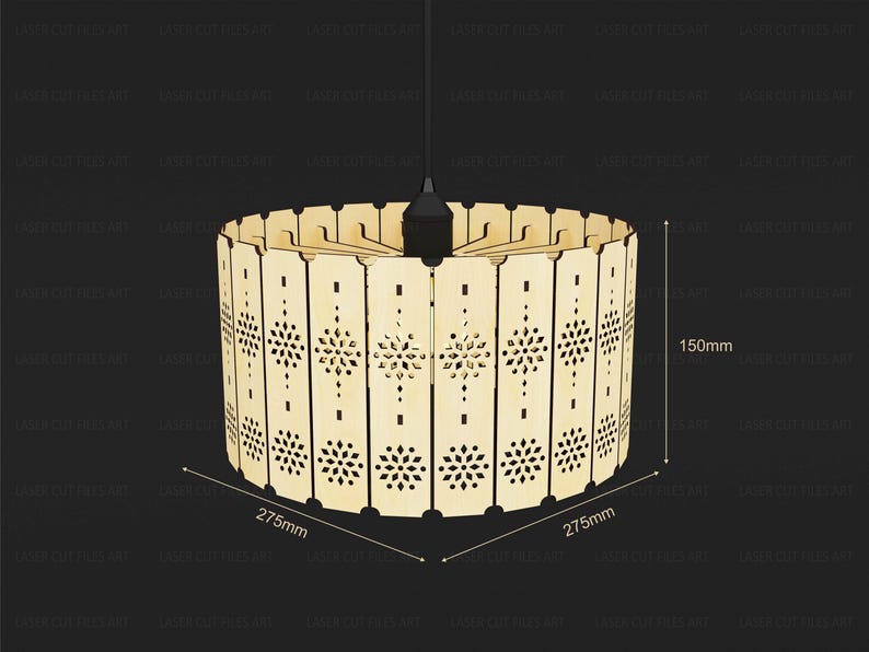 May include: A cylindrical pendant light shade constructed from light-colored wood panels featuring intricate laser-cut floral patterns. The shade measures 150mm in height and 275mm in diameter, suspended from a black cord and socket assembly.