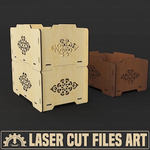May include: Wooden boxes with decorative floral cut-out designs. One box is brown, the others are light wood. The boxes are laser cut files. The text "LASER CUT FILES ART" is at the bottom.