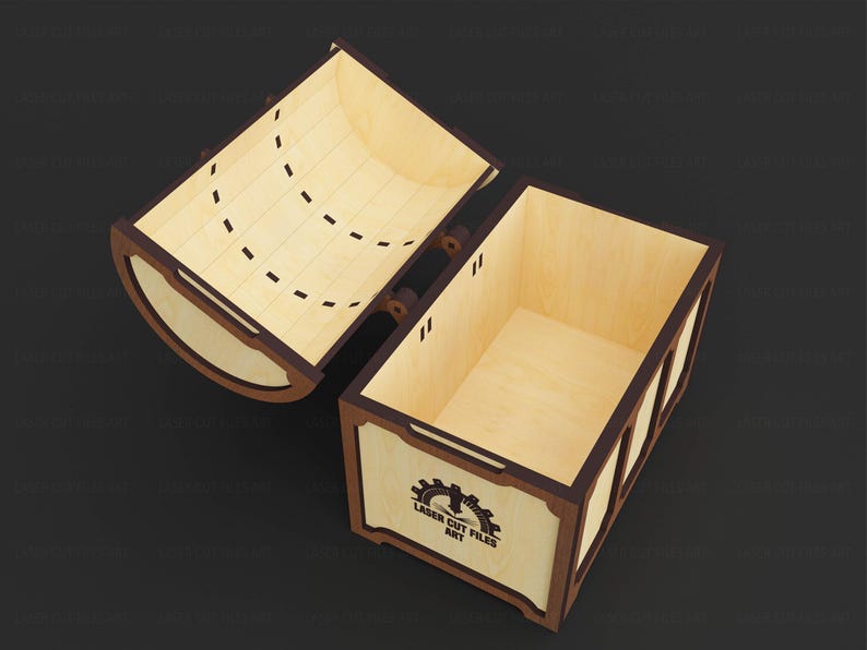 May include: An open wooden box with a hinged lid, featuring a light wood interior and dark brown trim. The box has a rectangular shape with a curved lid and the text "LASER CUT FILES ART" on the front.