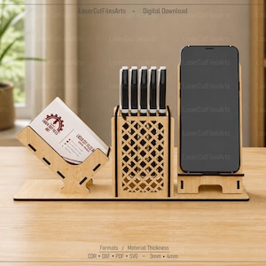 Organizzatore da scrivania con taglio laser, porta biglietti da visita, portapenne, porta telefono, file CDR, DXF, PDF, SVG tagliati al laser