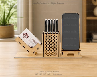 Desktop Organiser Laser Cutting Files, Business Card Holder, Pencil Holder, Phone Holder Laser Cutting Cdr, Dxf, Pdf, Svg Files