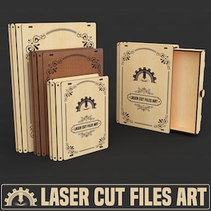 3 diverse dimensioni di file per taglio laser di scatole scorrevoli per libri, file per taglio laser CDR, DXF, PDF e SVG