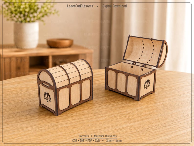 Treasure Chest Laser Cutting Files, Decorative Box Laser Cutting Cdr, Dxf, Pdf, Svg Files image 1
