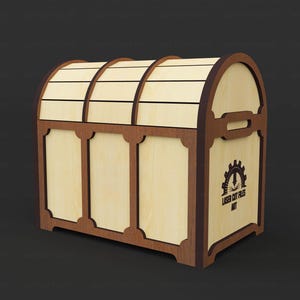 May include: A wooden treasure chest with a light-colored body and dark brown trim. The chest has a curved top with horizontal slats and a handle on the side. The text "LASER CUT FILES ART" is printed on the side.