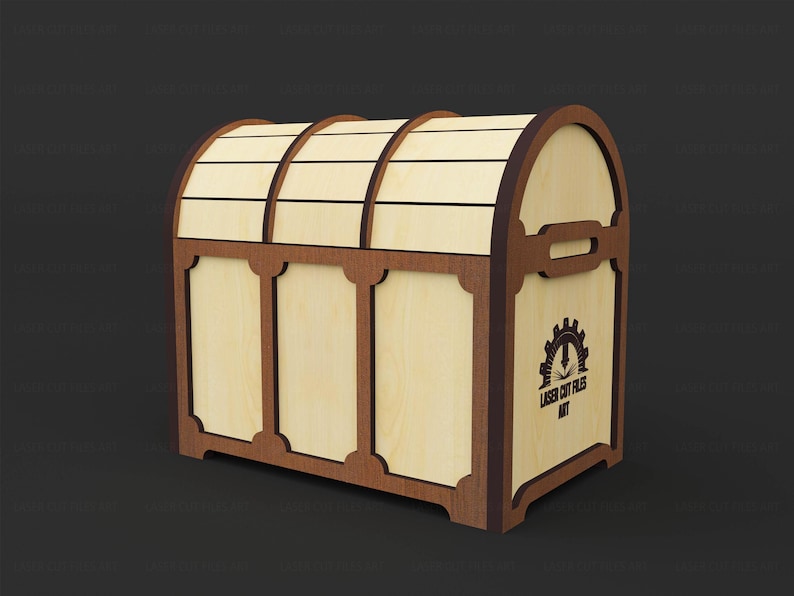 May include: A wooden treasure chest with a light-colored body and dark brown trim. The chest has a curved top with horizontal slats and a handle on the side. The text "LASER CUT FILES ART" is printed on the side.