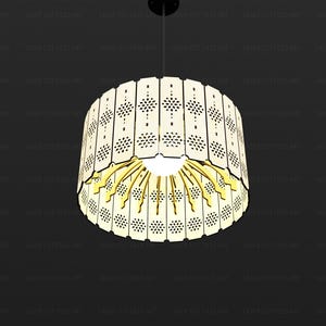 May include: A cylindrical pendant light fixture featuring a series of vertical, off-white panels with intricate, laser-cut geometric floral patterns. The interior structure reveals a bright yellow, scalloped frame visible from the bottom opening.
