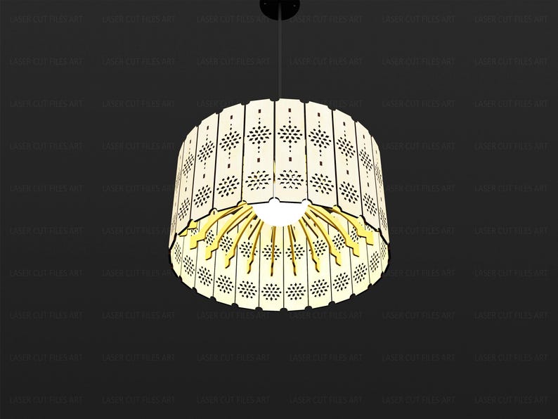 May include: A cylindrical pendant light fixture featuring a series of vertical, off-white panels with intricate, laser-cut geometric floral patterns. The interior structure reveals a bright yellow, scalloped frame visible from the bottom opening.