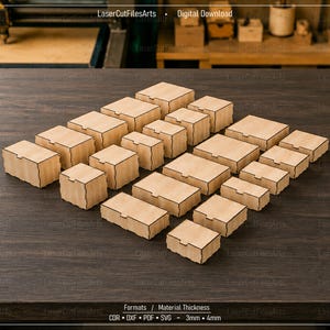 Paquete de 22 cajas de diferentes tamaños con tapa abatible para corte láser. Archivos para corte láser en formato CDR, DXF, PDF y SVG.