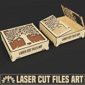 May include: Two wooden boxes with a laser cut design of a tree with leaves. The boxes are closed and open, showing the interior. The text "LASER CUT FILES ART" is printed on the boxes.