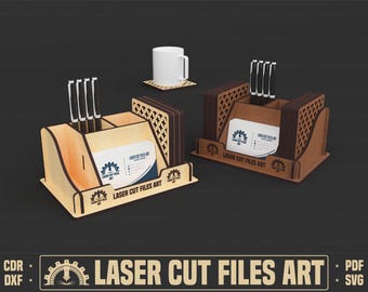 Organizador de escritorio con archivos de corte láser, posavasos, tarjetero y portalápices (archivos CDR, DXF, PDF y SVG)