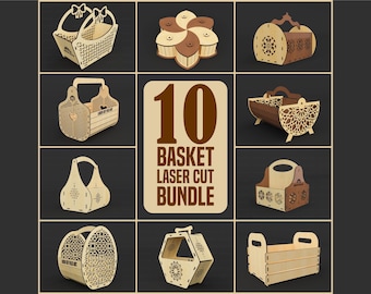 May include: A collection of ten laser-cut wooden baskets in various designs. The baskets feature intricate patterns and shapes, including floral and geometric designs. The image includes a sign that reads "10 BASKET LASER CUT BUNDLE".