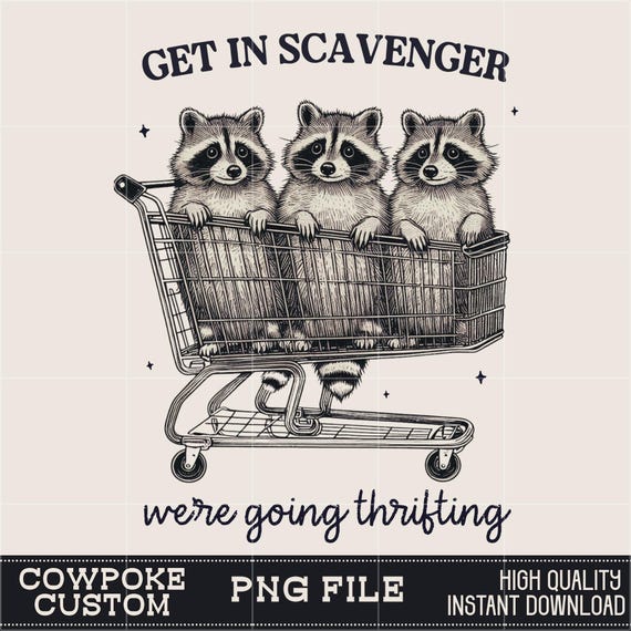 Get In Scavenger We're Going Thrifting PNG | Thrifting png, vintage thrifting png, retro raccoon thrifting png, shirt sublimation