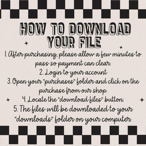 K&ouml;nnte beinhalten: Ein beigefarbenes digitales Download-Anleitungsblatt mit schwarzem Text. Der Titel lautet "HOW TO DOWNLOAD YOUR FILE". Die Anweisungen umfassen Schritte zum Zugriff auf gekaufte Dateien, mit einem schwarz-wei&szlig;en Schachbrettmuster.
