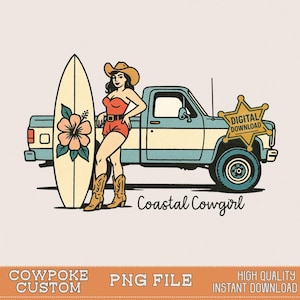 Coastal Cowgirl Surfer PNG | Retro Summer Cowgirl, Illustration Boho Western, surfboard png, T-shirt Beach Vintage Graphic, digital download