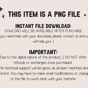 May include: A beige digital file image with black text that reads "THIS ITEM IS A PNG FILE." Additional text includes "INSTANT FILE DOWNLOAD" and information about refunds and exchanges. Decorative star shapes are in the corners.