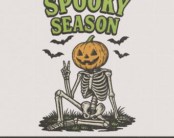 Skeleton Pumpkin Head PNG | Spooky Season T-Shirt Design (Digital Download)