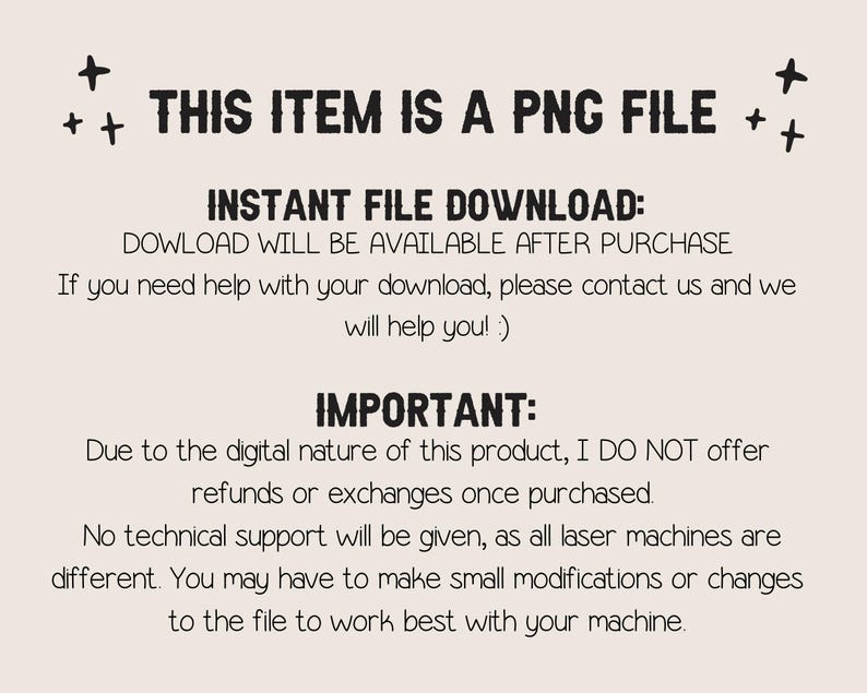 K&ouml;nnte beinhalten: Beige digitales Bild mit schwarzem Text, der "THIS ITEM IS A PNG FILE" lautet. Zus&auml;tzlicher Text liefert Informationen zum Herunterladen und zur R&uuml;ckerstattung. Dekorative schwarze Sternausbr&uuml;che befinden sich in den Ecken.