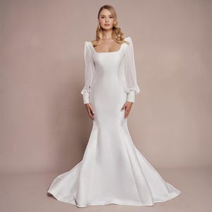 Elegant Fit & Flare Wedding Dress, Square Neck Puff Sleeve, Open Back image 1