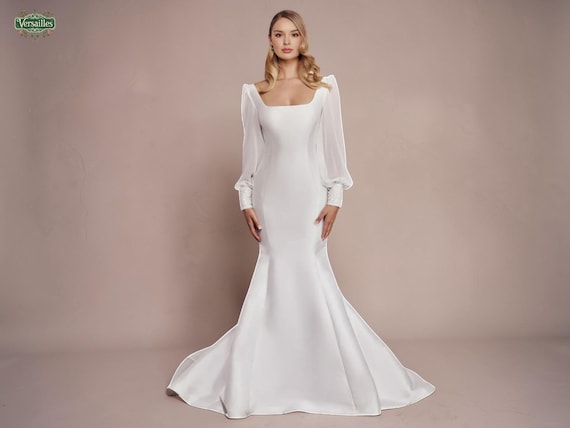 Elegant Fit & Flare Wedding Dress, Square Neck Puff Sleeve, Open Back