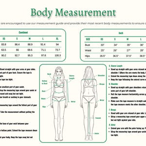 May include: Body measurement guide with bust, waist, and hip measurements in inches and centimeters. Includes diagrams and instructions for taking body measurements for clothing sizes. The text reads "Body Measurement".