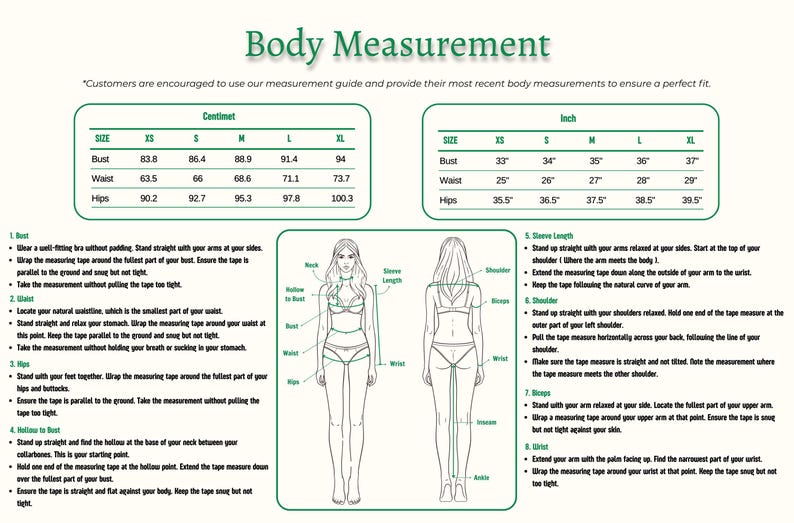 May include: Body measurement guide with bust, waist, and hip measurements in inches and centimeters. Includes diagrams and instructions for taking body measurements for clothing sizes. The text reads "Body Measurement".