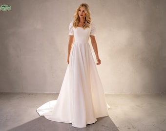 Elegant Modest Puff Sleeves A-Line Wedding Dress, Simple Basque Waist Crepe Bridal Gown.