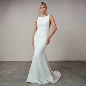 plunge mermaid satin wedding dress with buttons Plunge Mermaid Satin Wedding Dress with Buttons