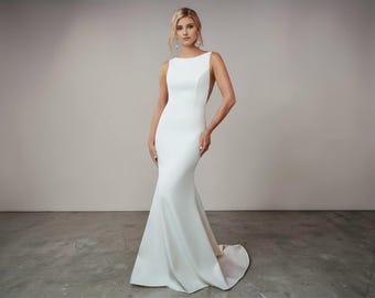 Minimalist Mermaid Crepe Wedding Dress, Illusion Back, Modern Bridal Gown