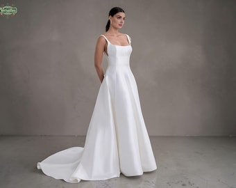 Minimal Satin Square Neck A-Line Wedding Dress, Elegant Low Back Bridal Gown
