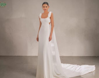Modern Square Neck Wedding Dress: Sleeveless Bridal Gown with Cape
