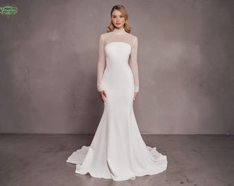 Elegant Sheer Long Sleeves High Neck Wedding Dress, Formal Fit & Flare Button Back Wedding Dress, Unique Wedding Dress, Simple Wedding Dress