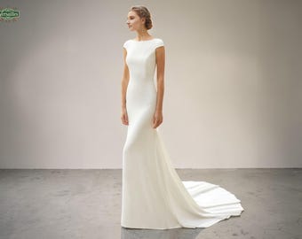 Minimalist Mermaid Low Back Wedding Dress, Elegant Crepe Wedding Dress with Boat Neck, Simple Wedding Dress with Cap Sleeve, Gift for bride.