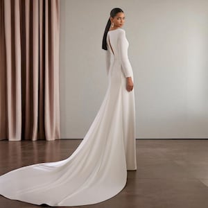 Long Sleeve Crepe Wedding Dress with Sweep Train, Simple Elegant Wedding Dress with Button Waist, Modern Minimalist Wedding Dress