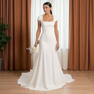 Minimalist Crepe Mermaid Wedding Dress: Square Neck, Keyhole Back