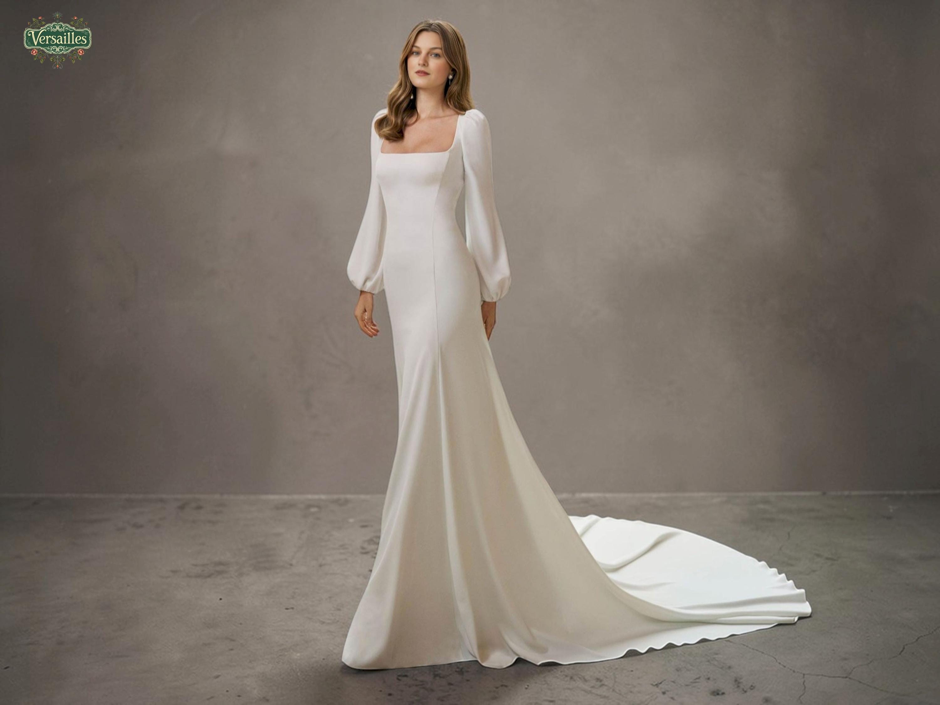chinese dress ladies Pearl Tulle Long Sleeves Two Pieve Column Wedding Dresses, CW0249 US6 / As Pic