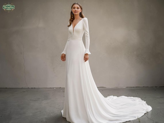 Elegant Long Sleeve Wedding Dress with Open Back, Modern A Line Wedding Dress with Plunging V Neck, Minimalist Crepe White Wedding Dress.