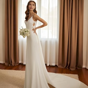Modern White Crepe Wedding Dress: Geometric Cutouts, Open Back