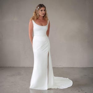Minimalist Satin Sheath Wedding Gown, Open Back, Side Slit